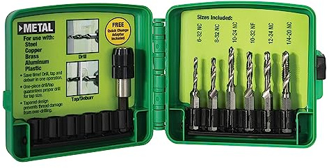 Greenlee DTAPKIT Drill/Tap Kit for Metal, One-Step Drilling, Tapping, and Deburring/Countersinking Set with Quick Change Adaptor, 6-32 to 1/4-20