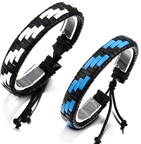 JewelryWe 2 st läderomslag vit blå svart flätade handgjorda surfarmband – justerbara armband – bra för män, kvinnor, tonåringar, pojkar, flickor (med presentpåse)