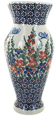 Blue Rose Polish Pottery - Red Garden Butterfly Tall Vase - 11 Tall - Ceramic Flower Vase, Decorative Floral Design for Table, Shelf or Mantel Décor