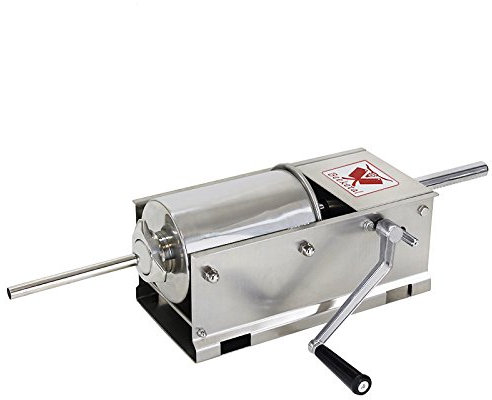 Beeketal 'BTH03' Edelstahl Industrie Wurstfüllmaschine (3 L Volumen/horizontale Ausführung), Profi Wurstfüller mit 2 Gang Vollmetall-Getriebe und Handkurbel, inkl. 5 Fülltüllen