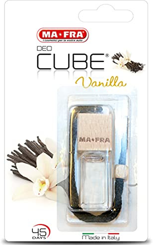 MAFRA, Deo Cube Vanilla, Profumatore per Auto, Fragranza alla Vaniglia, Rinfresca Abitacolo e Piccoli Ambienti, Design Elegante a Forma di Cubo e Tappo in Legno, Profumazione a Lunga Durata, 5ml
