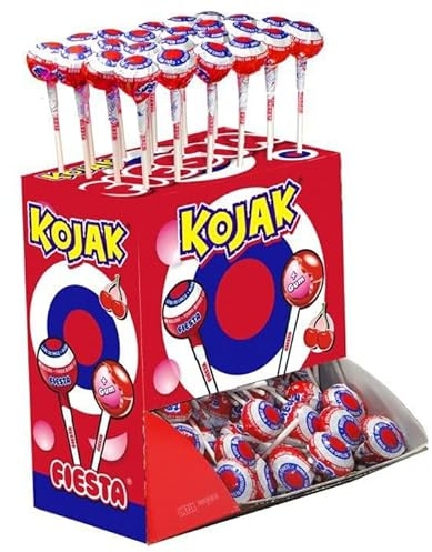 Fiesta Sucette Kojak fourrée Bubble Gum Cerise. Boite présentoir de 100