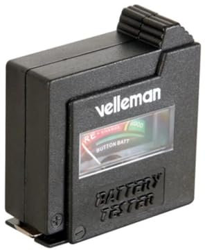 Velleman Comprobador de pilas, analógico, para pilas estándar (AAA, AA, C, D, E-block 9 V) y pilas de botón, compacto, portátil