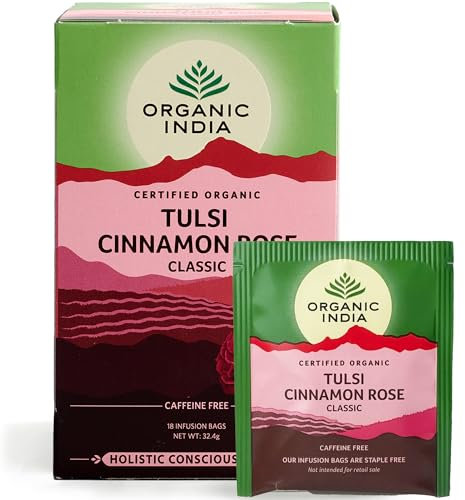 Organic India Tulsi Cinnamon Rose Tea - Organic Tulsi, Rose & Ceylon Cinnamon Infusion - Warm & Aromatic Herbal Blend with Floral Notes - Caffeine-Free for Comfort - 18 Individually Wrapped Tea Bags