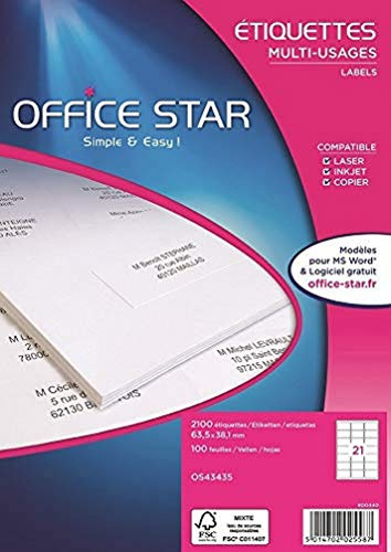 OFFICE STAR - 2100 Étiquettes Autocollantes Multi-Usages Blanches Personnalisables Imprimables - Format 63,5 x 38,1 mm - Impression Laset Jet d'Encre et Copieur