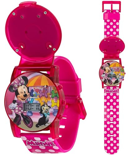 Disney Minnie Mouse Kids Flashing Musical Watch with Sound Effects, Colorful LED Lights, Interactive Flip Cover, Easy Digital Time Display, Adjustable Pink Polka Dot Strap, Fits Wrists 5.5 to 8