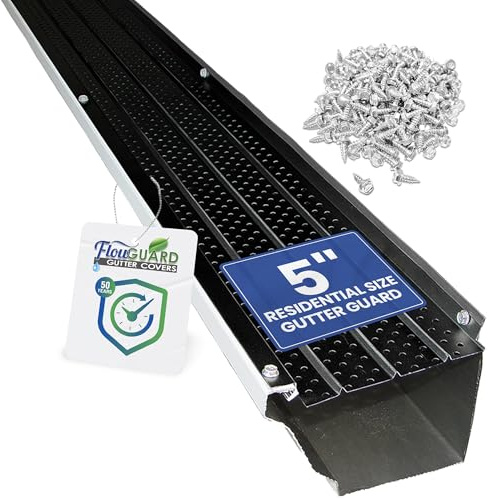 FlowGuard Gutter Guard, USA Made Professional DIY 5 Inch 50-Year Gutter Cover Leaf Protection System - Thermal Thaw Black - Aluminum - 102 Feet - by FlexxPoint