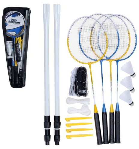 Baseline 4 Player Badminton Set, Includes 4 Rackets, 2 Shuttlecocks, Net and Poles, Outdoor Garden Game for Kids & Families, Portable with Carry Bag