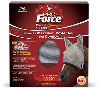 Manna Pro, Pro-Force Equine Fly Mask with Ears & Equi-Glo Reflector, Horse Mask(s), Mask for Horses, Durable Clear-View Mesh, UV Protection, Adjustable, Fits 900–1200 lb Horses