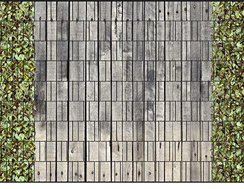 PerfectHD Zaunsichtschutz - Motiv Holzwand und Kirschlorbeer - Sichtschutz für den Garten - 2,50 x 1,80 x 0,19 m - 9 Streifen - 30 Varianten