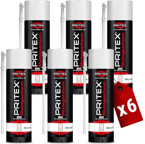 PRITEX – 2K Montageschaum 6 x 400 ml inkl. Aussprührohr – Bauschaum zum Verfüllen, Dämmen & Abdichten – Zargenschaum zur Montage von Türzargen, Fensterrahmen & Holztürfuttern