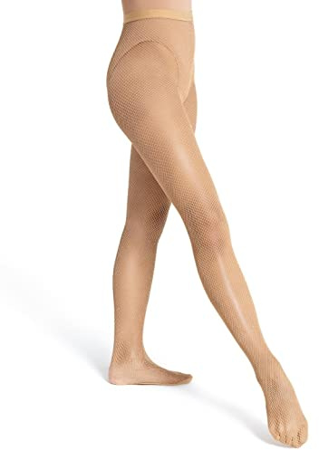 Capezio Women's Professional Fishnet Tight with 1 Elasticized Waistband – Soft Nylon Sock Lining for Comfort, Solid Foot Pads, Perfect for Dance, Caramel, Medium/Tall