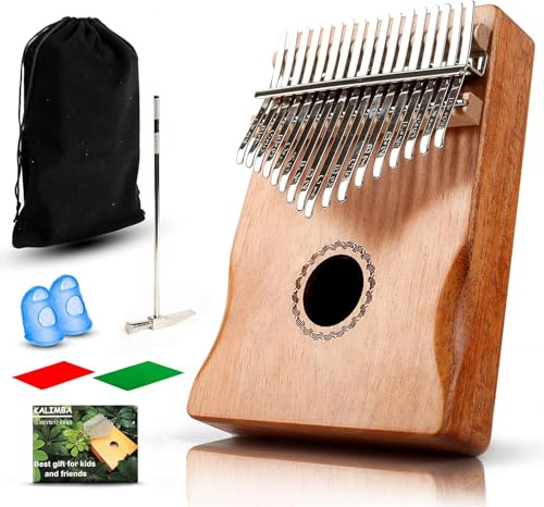Kalimba 17 Keys Mahogany Wood Thumb Piano, Portable Mbira Finger Piano with Tune Hammer, Study Instruction, Carrying Case, Gift for Kids and Adults