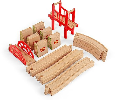 Bigjigs Rail Bridge Expansion Set - 25pc Wooden Train Track Expansion Pack for Train Sets , Quality Bigjigs Train Accessories , Compatible with most major Wooden Railway Brands