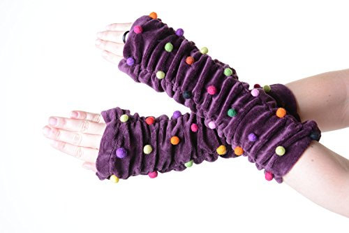 Kunst und Magie Samt Armstulpen Stulpen Handwärmer mit lustigen Filzkugeln in tollen Farben, Farbe:Lila