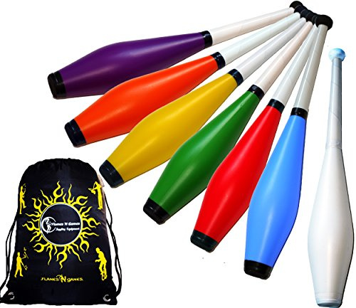 Juggle Dream TRAINER Juggling Clubs Set of 3 (13-Colour-Combos) + Flames N Games Travel Bag! 3x Juggling Clubs for Training - Ideal For Kids & Beginners! (Green/Purple/Red)