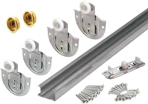 Slide-Co 163589 by-Pass - Kit de rieles para armario de 48 pulgadas de apertura, rodillos de ajuste de dial, acero, 7/8 pulgadas, ruedas de plástico por Slide-Co