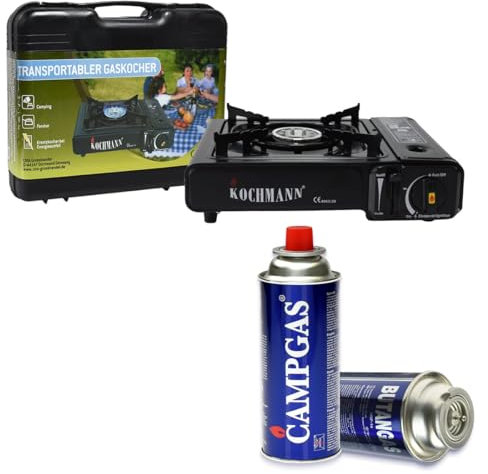 Kochmann® Germany Gaskocher + 4 Gaskartuschen + Koffer Campingkocher 1-flammig Camping Gas Kocher