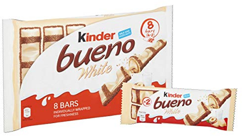 Kinder Bueno White Wafer Twin Bars, Chocolate Gift Pack, Milk Chocolate Covered Wafer with Smooth Milky and Hazelnut Filling, Pack of 4 x 2 (8pcs)