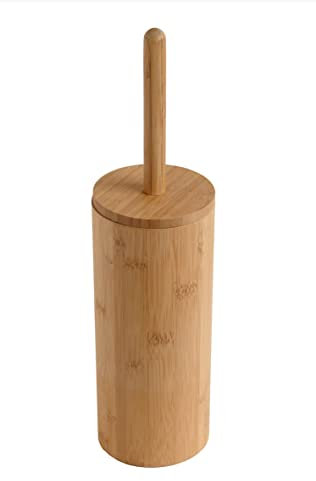 House & Homestyle Round Bamboo Toilet Brush Holder with Nylon Lavatory Brush, Bathroom/Loo Cleaning Accessory, Natural Bamboo Container and Brush Set with Built in Lid – Brown (36cm)