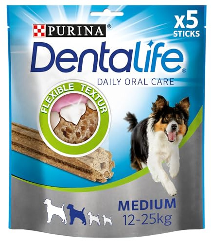 PURINA DENTALIFE - Snack per la cura dei denti del cane, misura media, riduce la formazione di tartaro, pollo, cani di taglia media, confezione da 5 (5 x 115 g)