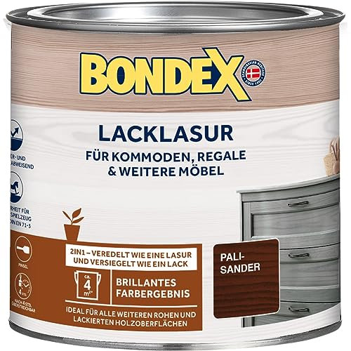 Bondex Lacklasur Palisander 0,375 L für 3,75m² | 2in1 - veredelt und versiegelt | Wasser- und Schmutzabweisend | Sicherheit für Kinderspielzeug nach DIN EN 71-3 | Seidenglänzend | Holzlasur