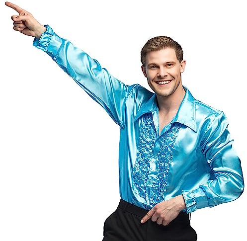 Boland - Chemise disco à volants, turquoise, pour homme, costume, chemise de soirée, Schlager move, 70s, soirée à thème, carnaval