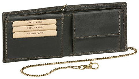 LEAS MCL Bikerkombibörse mit Klappe extra dünn und Kette im Querformat Vintage in Echt-Leder, schwarz - LEAS Chain-Series