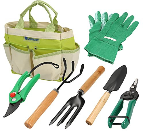 Lantelme Gartenwerkzeug Set 7-teilig | Gartengeräte mit Aufbewahrungstasche | Inkl. Blumenschere, Schaufel, Harke, Handgrubber, Handschuhe | Ideal für Gärtnerinnen, Gärtner, Blumentopf, Grabpflege