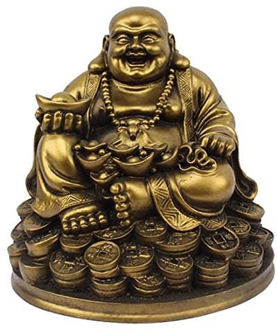 Petrichor Fengshui ridere Buddha seduto sulle monete dei soldi fortunati che trasportano d'oro Lingotto per buona fortuna e felicità