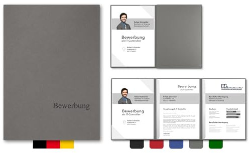 5 Stück 3-teilige Bewerbungsmappen BL-exclusivdruck® OPTIMA-plus in Steingrau - Premium-Qualität mit edler Relief-Prägung 'Bewerbung' - Produkt-Design von 'Mario Lemani'