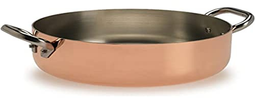 Pentole Agnelli ALCU106PI28 Casserole basse en cuivre avec 2 poignées en acier, Cuivre étamé avec fond à induction, 28 cm
