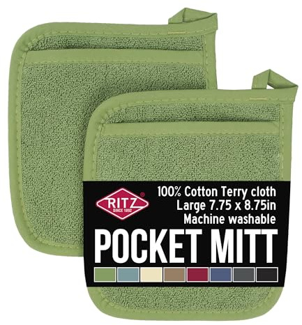 RITZ Terry Pocket Mitt & Hot Pad: Unparalleled Heat Resistant, Durable 100% Cotton – Ergonomically Designed for Optimal Grip – Easy-Care Machine Washable – 2-Pack, Cactus