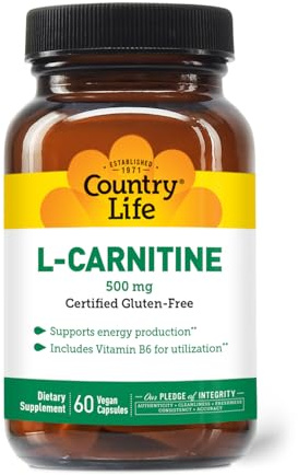 Country Life L-Carnitine 500mg – 60 Vegan Capsules | Supports Energy Production & Fat Metabolism | Includes Vitamin B6 for Utilization | Gluten-Free, Certified Vegan Amino Acid Supplement