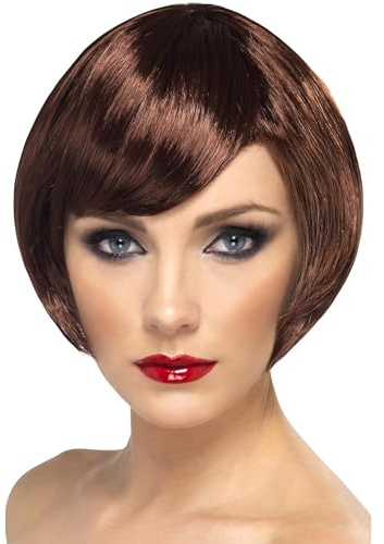 Smiffys Babe Wig, Brown Short Bob with Fringe, Ladies Glamour Wigs Fancy Dress, Adult Dress Up Wigs