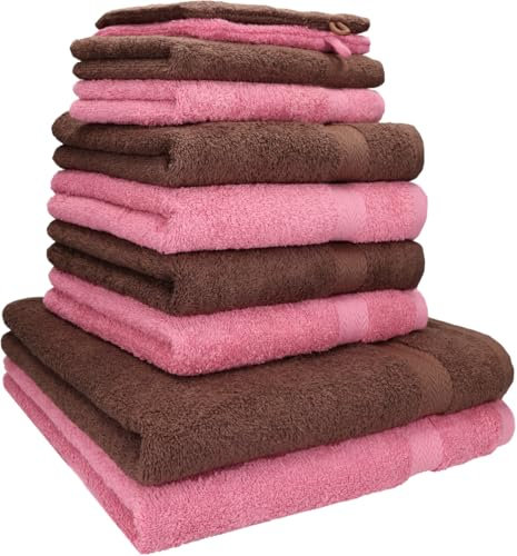 Betz 10-TLG. Handtuch-Set Premium 100% Baumwolle 2 Duschtücher 4 Handtücher 2 Gästetücher 2 Waschhandschuhe Farbe Nuss Braun & Altrosa