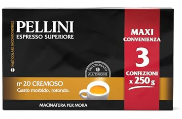 Pellini N.20 Cremoso, Caffè Macinato per Moka dal Gusto Equilibrato e Rotondo, Miscele Arabica e Robusta a Tostatura Media, 3 Confezioni da 250g