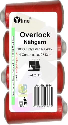 4 Stück Spulen Overlock - Nähgarn, rot, a. 2743 m, NE 40/2, 100% Polyester, Nähfaden, Nähmaschinen Garn, (0,01 € / 10 m), 2934