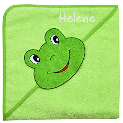 Wolimbo Kapuzenbadetuch mit Ihrem Wunsch-Namen und Tierkopf-Motiv - Format: 100x100cm - Motiv Frosch grün - Das individuelle und kuschelig weiche Badehandtuch für Mädchen und Jungs