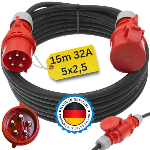 Starkstromkabel 32A 15m H07RN-F 5x2,5 Starkstrom Verlängerungskabel CEE Verlängerung 32 Ampere Kabel 5x2,5mm2 Baustelle Werkstatt Industrie Geeignet Outdoor IP44 Spritzwassergeschützt