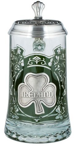 Ireland Glass Beer Stein With Pewter Lid and Pewter Shamrock