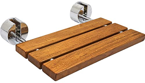 20 Teak Wood Modern Folding Shower Seat Bench, Clear Coated for Protection and Premium Smooth Finish, Medical Wall Mount Foldable Fold Up Chair Bathroom Stool Foldaway Shower Seating