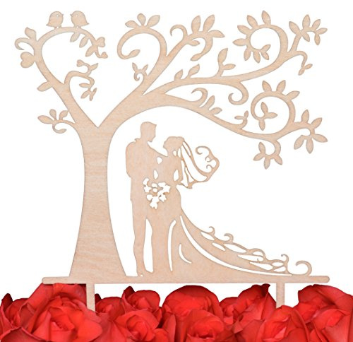 LOVENJOY Topper Torta Matrimoniale Sposi Silhouette Tree Cake Topper Matrimonio Decorazione per Torta Nuziale Rustico Legno, Confezione Regalo