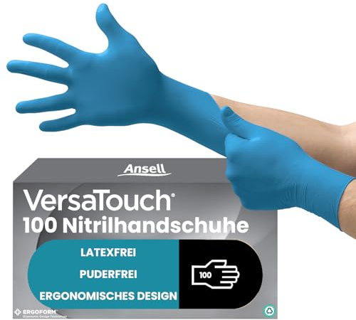 Ansell VersaTouch 92-465 Nitrile Disposable Gloves, Chemical Resistant, Mechanical Protection, DIY Applications, Examination Glove, Industrial Safety PPE, Size L (100 Pieces)