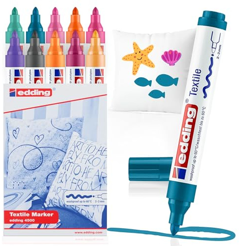 edding 4500 Textile Marker - Set of 10 Colors (Trend) - Round Nib 2-3 mm - Permanent Fabric Markers for Drawing on Textiles, wash-Resistant up to 60 °C - Marker pens for Fabric Lettering