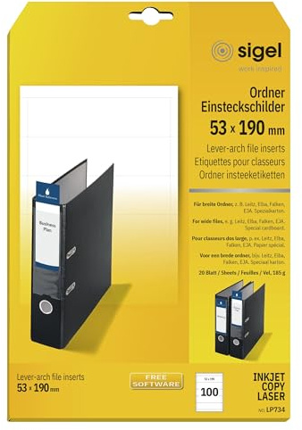SIGEL Lp734 Lot de 100 Étiquettes pour Classeurs à Dos, 5,3 X 19 cm, 185 G