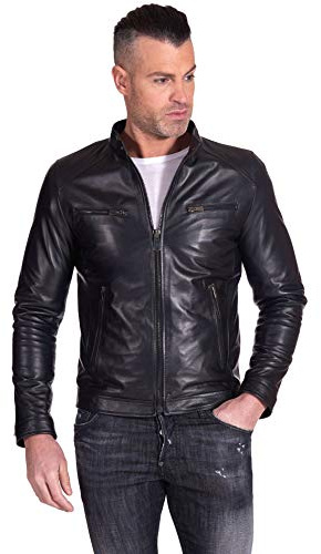 D'Arienzo Veste Cuir Noir Homme Blouson Moto Cuir Véritable Made in Italy Hamilton Noir/46/S