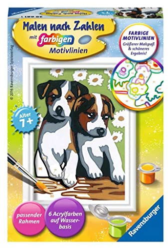 Ravensburger CreArt 29681 - Söta valpar - Måla efter nummer Hundar för barn i åldern 7 och uppåt, målningsset med ram, pensel och akrylfärger, present till flickor och pojkar