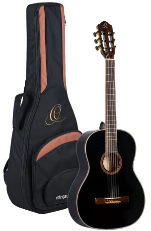 Ortega Guitars 4/4 Konzert Gitarre – Slim Neck – Family Series – Inklusive Gig Bag – Fichte, Mahagoni, Schwarz (R221SNBK)