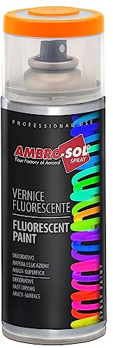 Ambro-Sol V400FLUOR1 Smalto / Vernice Finiture Speciali Fluorescenti, Ideale per Materiali che si Trovano all’Interno di Abitazioni, Bomboletta Spray in Banda Stagnata Riciclabile 400 ml, Arancio
